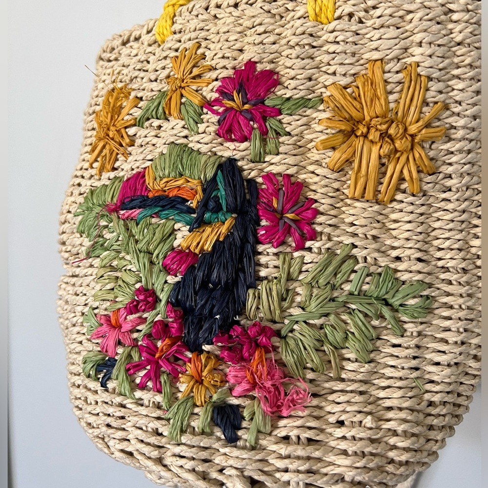 STRAW STUDIO straw beach bohemian floral summer tote handbag purse colourful